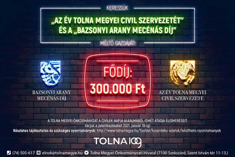 A 2020-as Év Tolna Megyei Civil Szervezete díjra várjuk a jelentkezéseket
